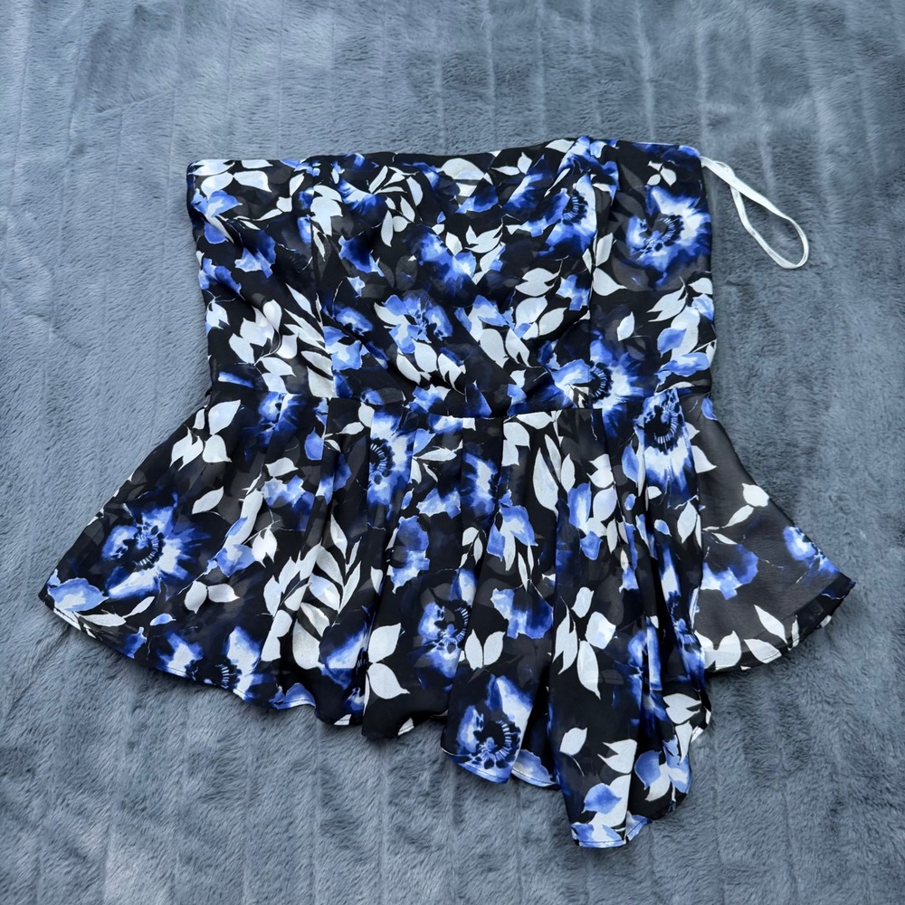 White House Black Market Blue Floral Strapless Peplum Top Size 12